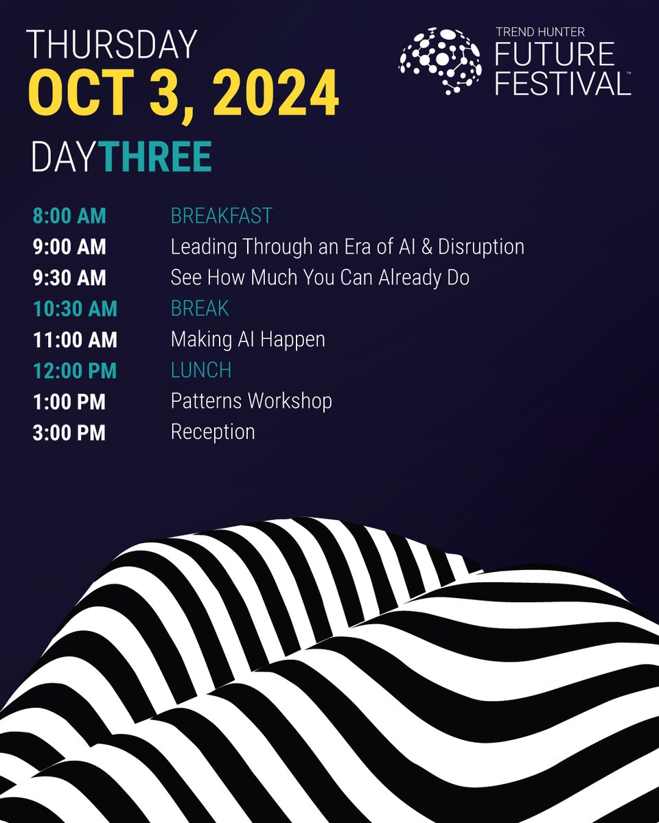 trendhunter's tweet photo. Get Ready for 3 Days of Innovation! 🚀
From October 1st to 3rd, dive into AI, future tech, and more. Explore cutting-edge ideas, sessions, and keynotes shaping tomorrow. Swipe for each day's highlights!
#FutureFestival
#InnovationSummit
#AI https://t.co/Q31XDZesQX