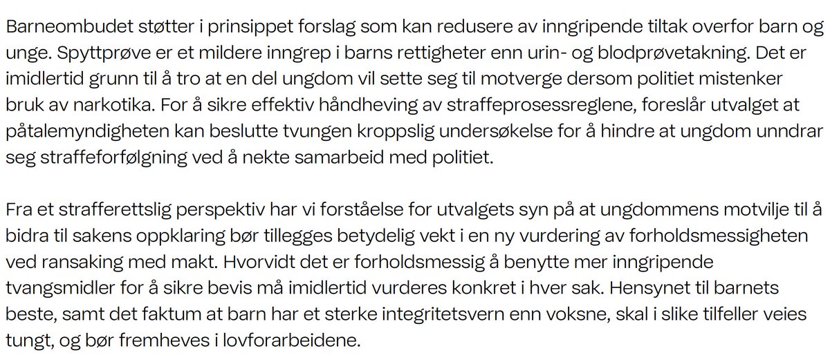 Det er en fallitterklæring at ikke Barneombudet tar entydig avstand fra tvungen rustesting av barn. Det er traumatiserende, uvitenskapelig og ikke til barnets beste. Poenget med å ha et Barneombud er at de skal være en vaktbikkje mot nettopp slike forslag.
regjeringen.no/no/dokumenter/…
