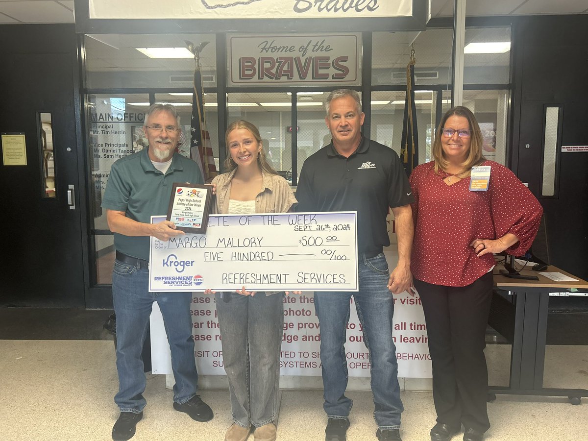 Congratulations to Margo Mallory! Today she received a $500 scholarship for being Athlete of the Week.  Thank you to Pepsi Refreshment Services, Midwest Communications, and Kroger for presenting this award.
