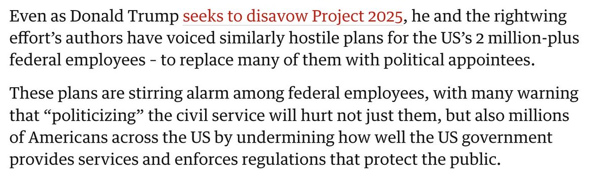 Many voters fail to understand Trump's dangerous plan to fire thousands of federal employees &amp; replace them with Trump loyalists

These plans will hurt millions of Americans by undermining how well the government provides services &amp; enforces regulations
theguardian.com/us-news/2024/s…