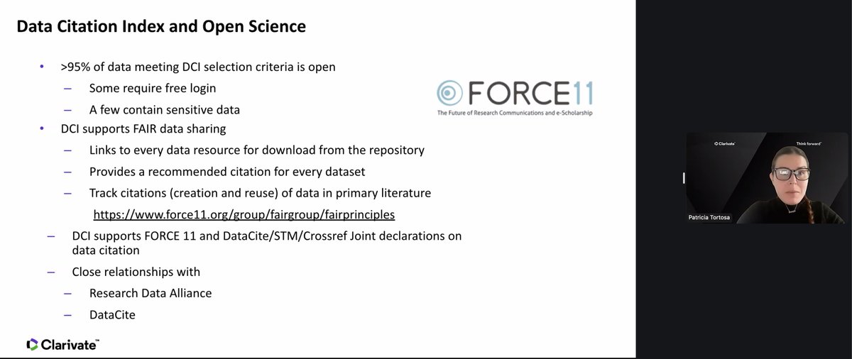 DataCite's tweet image. Patricia Tortosa (Editorial Content Manager, @ClarivateAG ) talks about the Data Citation Index during the #DataCite2024 Community Meeting.