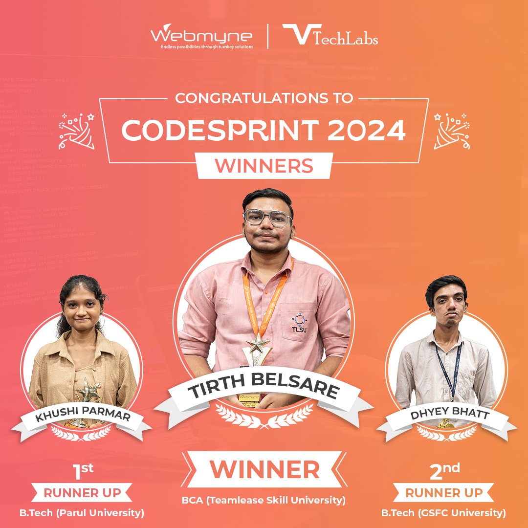 webmynecom's tweet image. From Idea to Execution—Presenting the Winners of CodeSprint 2024! 📷📷
Winner : Tirth Belsare
1st Runner up : Khushi Parmar
2nd runner up : Dhyey Bhatt!
#codesprint2024 #Innovation #techchampionsupport #codingheroes #IdeaToExecution #CongratsWinners #TechTalent #codingcompetition