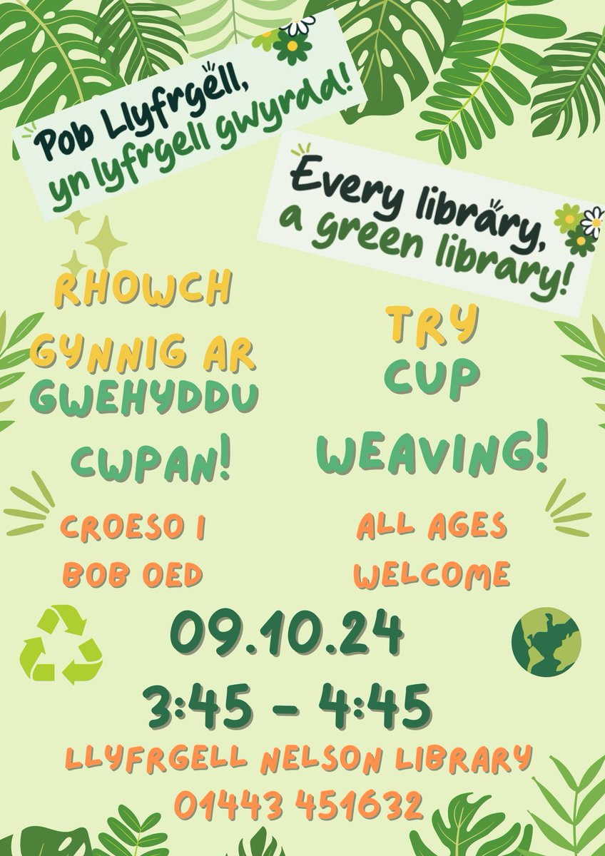 Nelson_Lib's tweet photo. Dewch i roi cynnig ar wehyddu cwpan gan ddefnyddio deunyddiau wedi'u hailgylchu!
Rhad ac am ddim, ymlaciol a hwyl, croeso i bob oed

Come &amp; try Cup weaving using recycled materials!
Free, Relaxing and fun, All ages welcome

#GreenLibrariesWeek https://t.co/2D6SJHM3FK