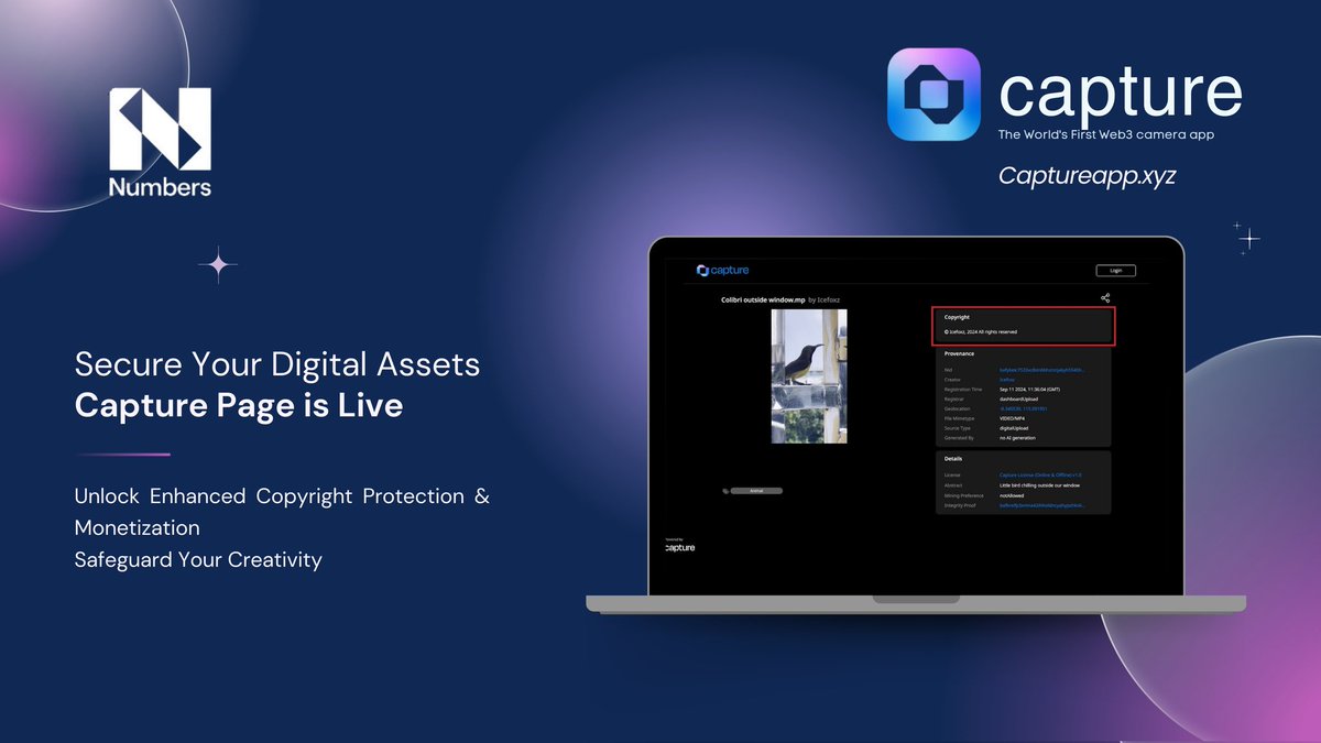 Bikso01's tweet image. EXCITING NEWS!

@captureapp_xyz just launched Capture Page!

Unlock:

•Easier monetization
•Enhanced copyright protection
•New licensing opportunities

Secure your digital assets like never before!

Learn more: numbersprotocol.io/blog/how-numbe…

#CapturePage #DigitalAssetSecurity