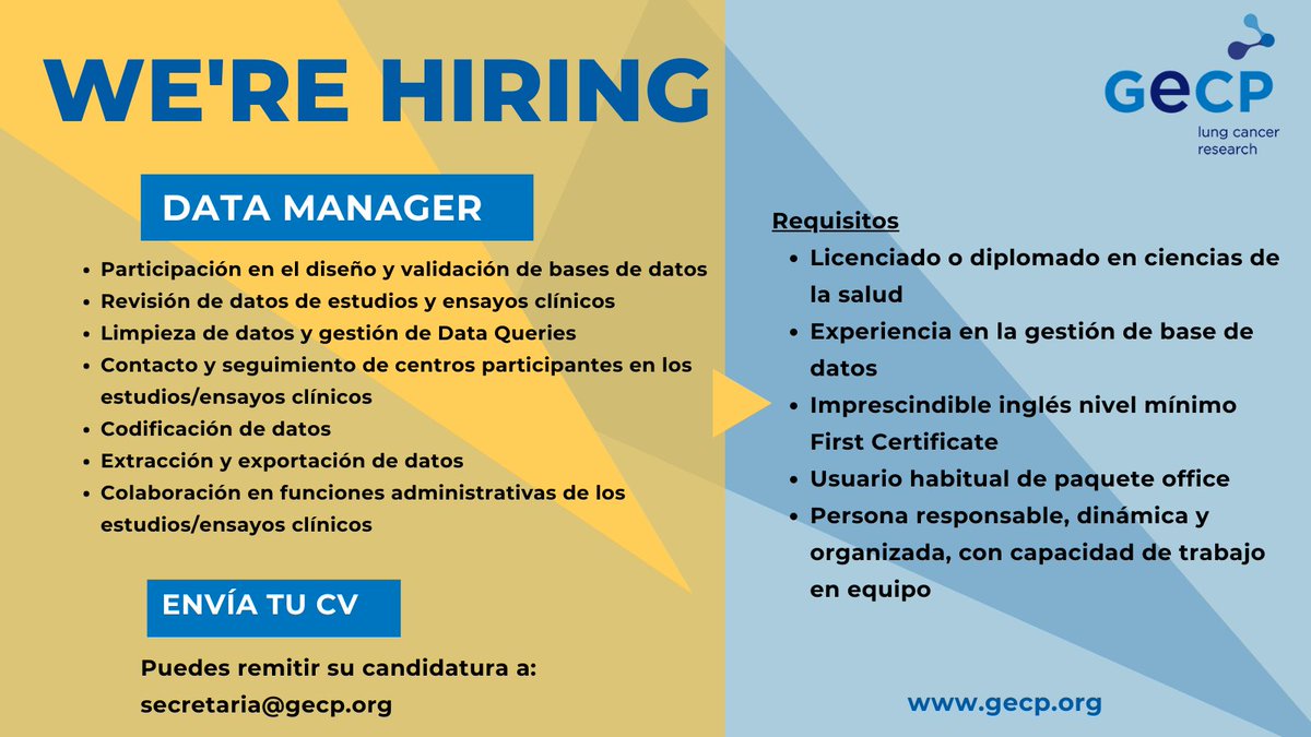 Grupo Español de Cáncer de Pulmón (@gecp_org) on Twitter photo 📌Oferta de Data Manager
👉 Licenciado o diplomado en ciencias de la salud
👉Experiencia en la gestión de base de datos
👉Imprescindible inglés nivel mínimo First Certificate
👉Usuario habitual de paquete office
👉Persona responsable, dinámica y organizada, con capacidad de 📌Oferta de Data Manager
👉 Licenciado o diplomado en ciencias de la salud
👉Experiencia en la gestión de base de datos
👉Imprescindible inglés nivel mínimo First Certificate
👉Usuario habitual de paquete office
👉Persona responsable, dinámica y organizada, con capacidad de