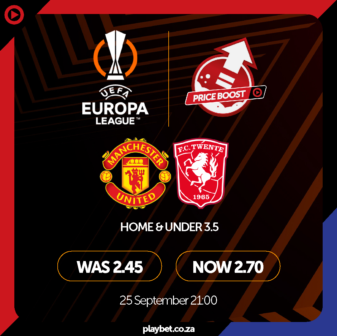 PLAYBET's tweet image. ⚽  UEFA Europa League ⚽ 
Price Boost 🚀 🔥 
Manchester United vs Twente
25 September 21:00

Boost 👉   Home &amp;amp; Under 3.5
Was 2.45
Now 2.70

Bet Now: tinyurl.com/3e7sus8k
#playbet #PlayTheGame #PriceBoost #UEL