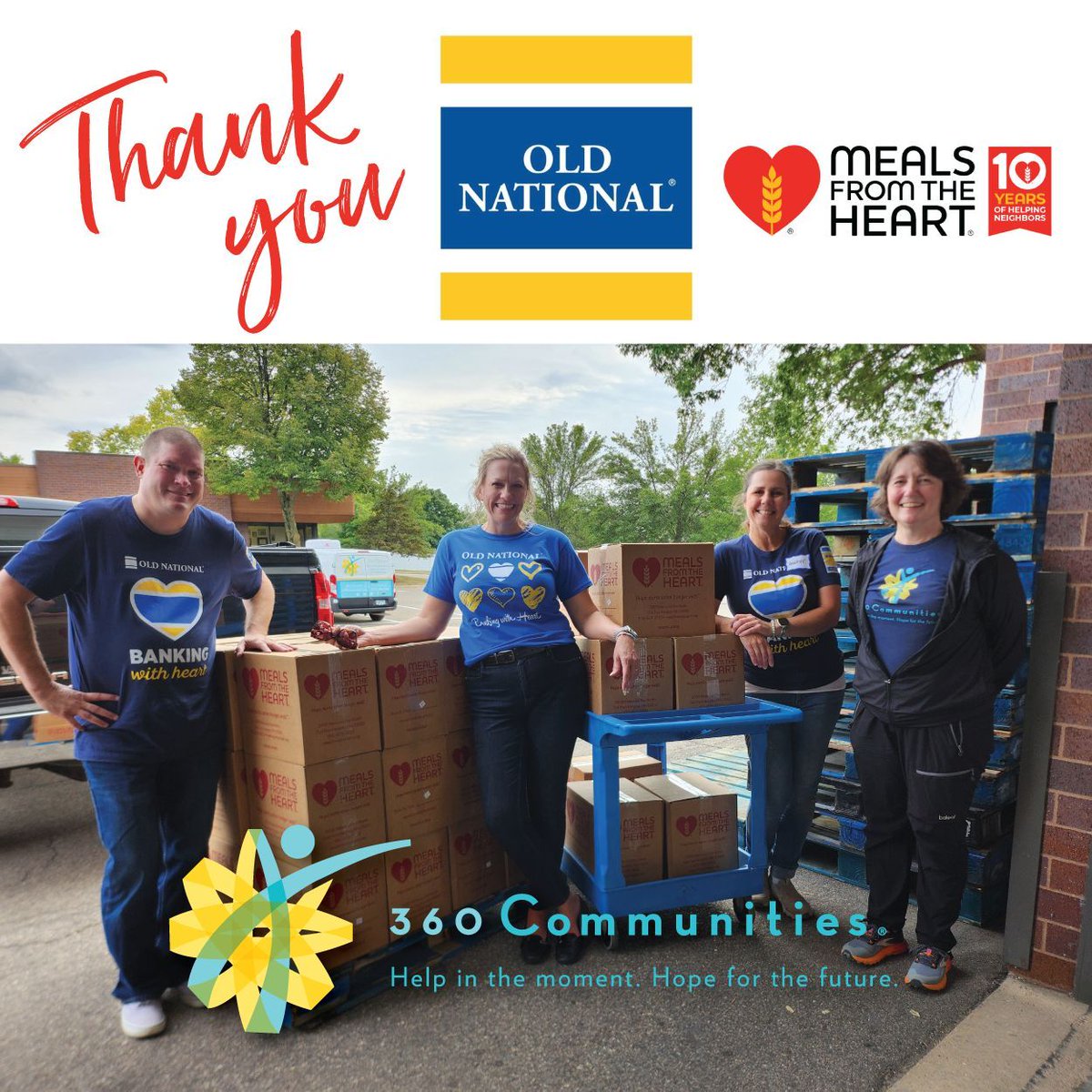 Thank you to Old National Bank of Apple Valley, who delivered 2,449 pounds of Meals from the Heart boxes to Burnsville &amp; Rosemount food shelves! Each box contains nutritious veggies and rice. We appreciate your support <a href="/Old_National/">Old National Bank</a> <a href="/mfth_org/">Meals From The Heart</a> 

#HelpInTheMoment #HopeForTheFuture