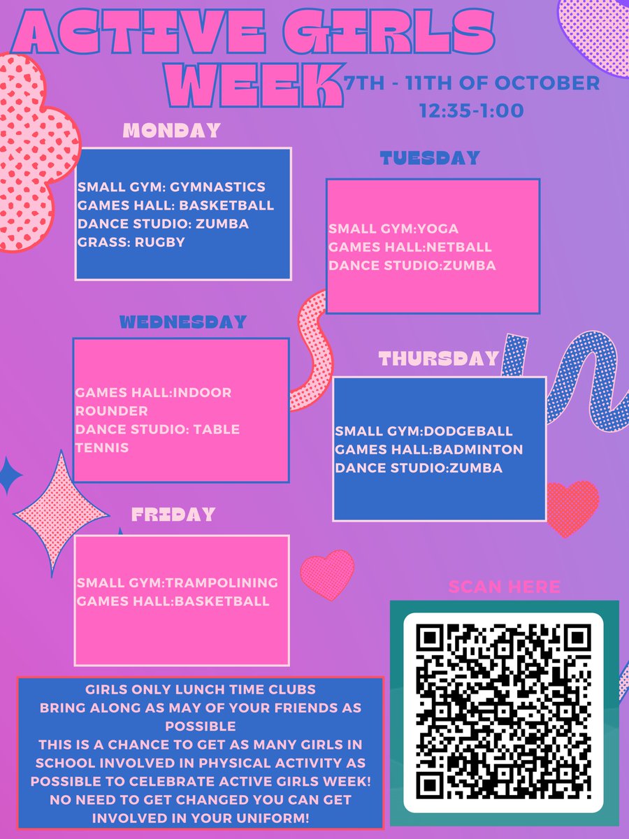 Active girls week! 
Very excited to be organising  girls lunch clubs  for active girls week! These are open to ALL years, come along to as many as you like🏐🏓There will be posters throughout school where you can sign up, or pop down to P.E and I can help you! Can’t wait📷😆