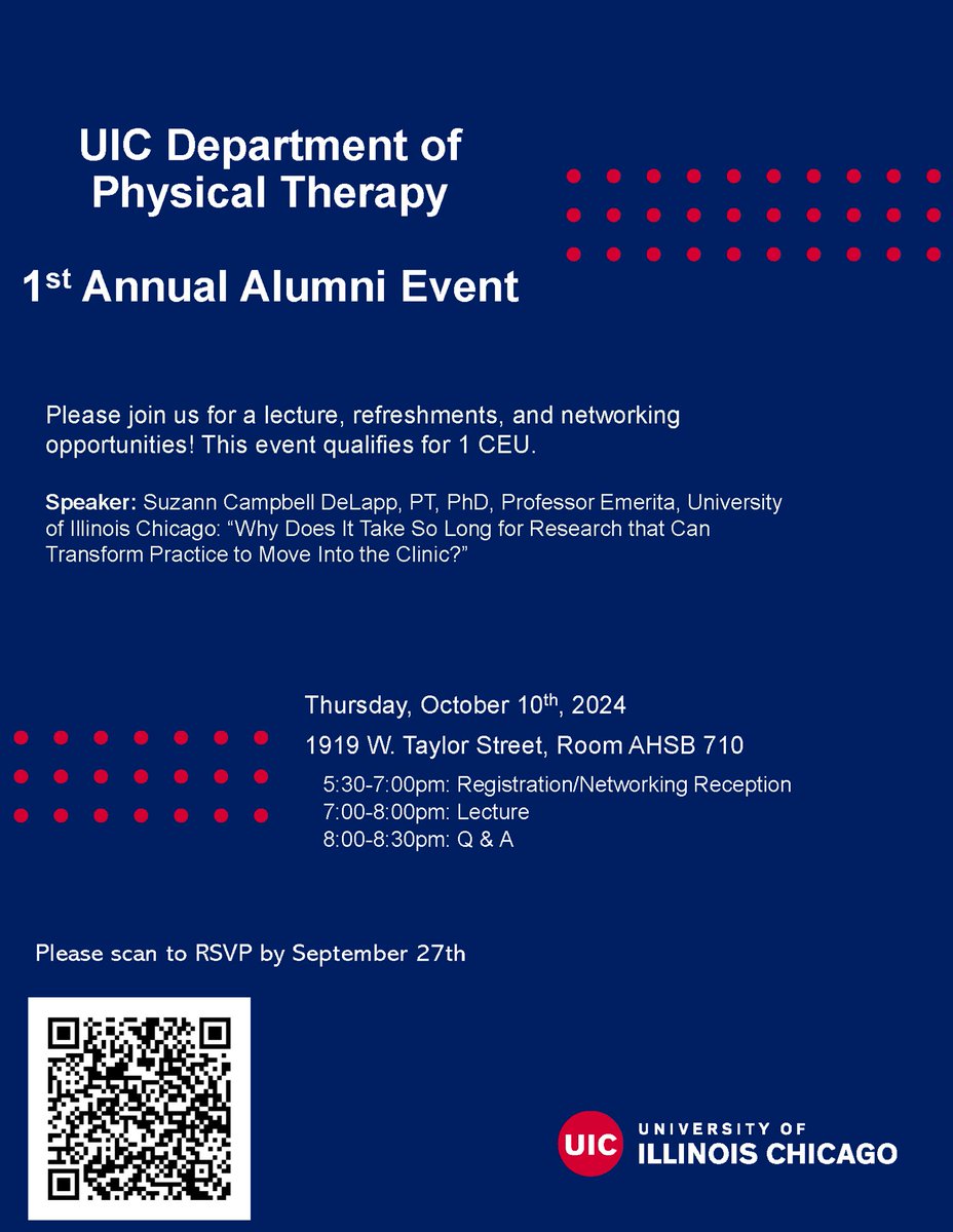 Rich Severin PT, DPT, PhD, CCS (@ptreviewer) on Twitter photo Attention all UIC PT Alumni! The first annual UIC PT Alumni networking event and keynote lecture takes place Thursday October 10th at 5:30 PM CST! Come reconnect with former classmates, faculty and network with over 50 years of alumni! Food and drinks will be provided! Attention all UIC PT Alumni! The first annual UIC PT Alumni networking event and keynote lecture takes place Thursday October 10th at 5:30 PM CST! Come reconnect with former classmates, faculty and network with over 50 years of alumni! Food and drinks will be provided!