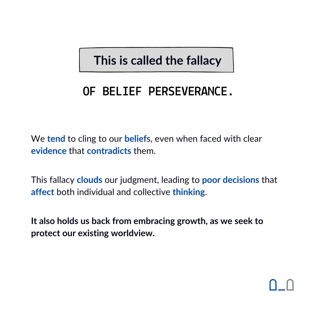 DignityinDiffer's tweet image. This week’s cognitive fallacy is Belief Perseverance—the tendency to stick to your beliefs, even when evidence points to the contrary. Swipe to read more.