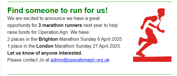 Operation Agri (@operationagri) on Twitter photo Calling runners!
Pls consider running for OA in Brighton & London marathons, 2025, raising money for our projects in education, farming & healthcare among world's poorest communities in Tanzania, Uganda, Sri Lanka, Nicaragua & more; Pls contact Jo at admin@operationagri.org.uk Calling runners!
Pls consider running for OA in Brighton & London marathons, 2025, raising money for our projects in education, farming & healthcare among world's poorest communities in Tanzania, Uganda, Sri Lanka, Nicaragua & more; Pls contact Jo at admin@operationagri.org.uk