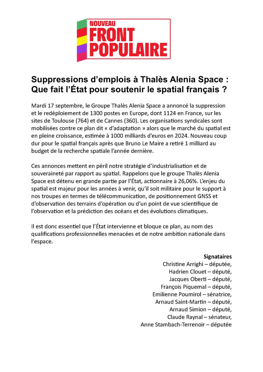 1 124 suppressions de postes à Thales Alenia Space, le communiqué des élu.e.s du Nouveau Front Populaire de Haute-Garonne.
