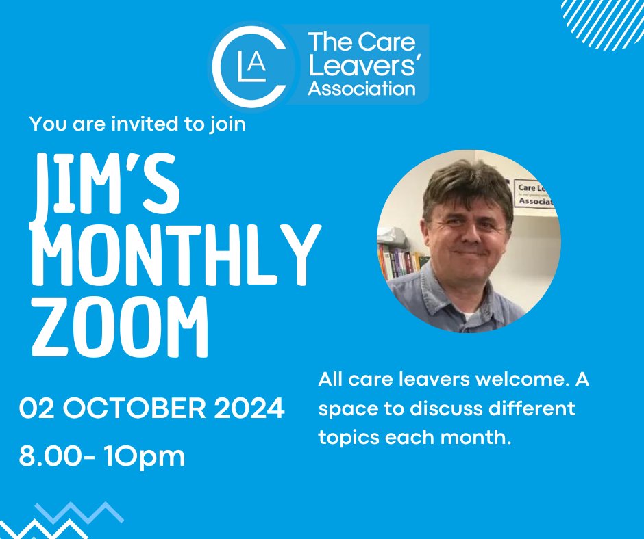 This reminder for Jim's Monthly Zoom sessions that run on the first Wednesday each month. Please sign up here  careleavers.com/webinar-contac…