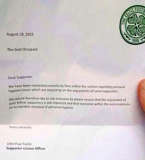 Just over 9 years ago since Celtic sent letters to their fans urging them to wash! And reminding them of their hygiene. 😳

When this first came out, it was thought to be a hoax but no such thing.

In 2015, supporter liaison officer John Paul Taylor confirmed it was legitimate