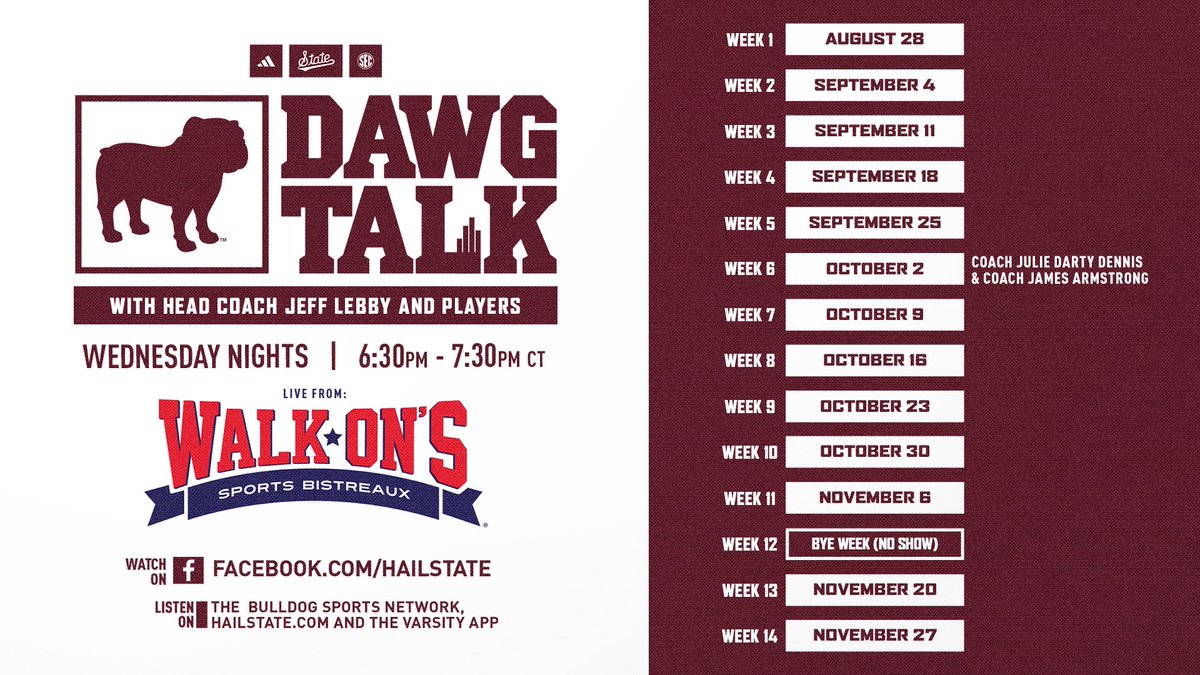 Mississippi State Football (@hailstatefb) on Twitter photo Dawg Talk returns TONIGHT from <a href="/walk_ons/">Walk-On's Sports Bistreaux</a>!
Join Head Coach Jeff Lebby, Davon Booth & Nick Barr-Mira as we look ahead to Saturday's contest against #1 Texas!
📰 » hailst.at/4ey9zQr
#HailState Dawg Talk returns TONIGHT from <a href="/walk_ons/">Walk-On's Sports Bistreaux</a>!
Join Head Coach Jeff Lebby, Davon Booth & Nick Barr-Mira as we look ahead to Saturday's contest against #1 Texas!
📰 » hailst.at/4ey9zQr
#HailState