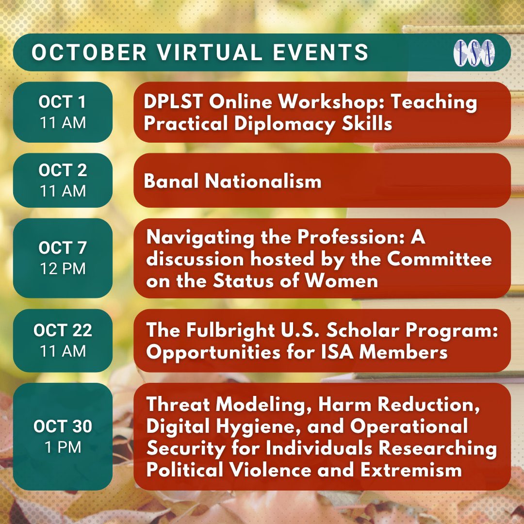 UConnGlobal's tweet image. Mark your calendars 📅! Join @isanet for their upcoming #VirtualEvents this October and connect with fellow scholars.
Register now: s.uconn.edu/isa_virtual_pr…
💡Stay updated on all #VirtualProgramming by signing up for ISA Connected: s.uconn.edu/isa_connected