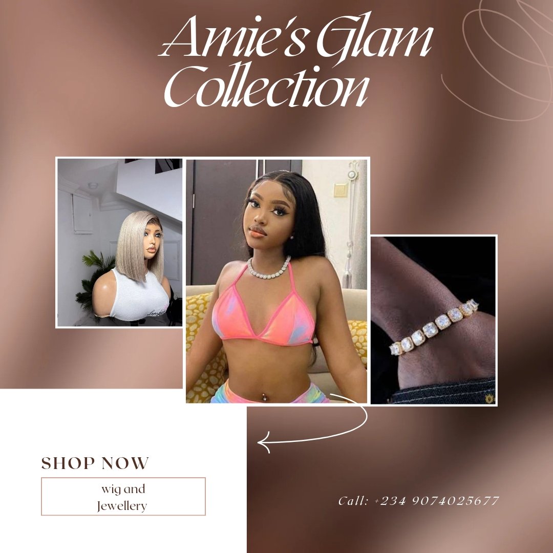 Explore our collection....

 Amie's glam collection to elevate your style,we sell;
*shop wigs: human hair,synthetic, lace, frontal and more at affordable prices 
*jewelry: statement pieces,elegant essentials and other custom designs....