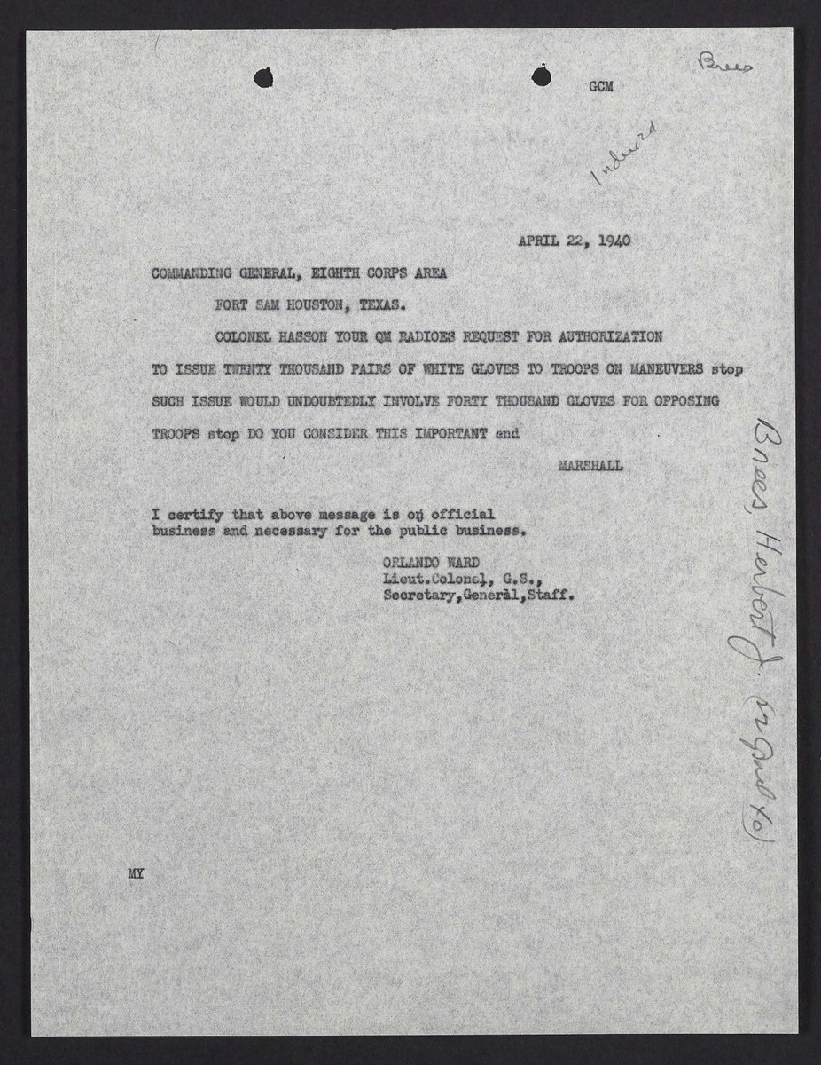 MelissasLibrary's tweet photo. Today's #CollectionHighlight -- 20k pairs of white gloves ON MANEUVERS?
Can you tell Col. Ward was a bit irritated?
#MarshallFoundationLibrary https://t.co/gUthK2DXM6