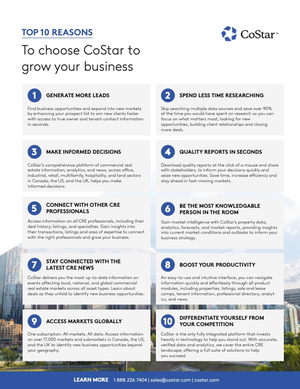 Discover the top 10 reasons #CommercialRealEstate professionals trust CoStar for business growth: bit.ly/3XRjLhr