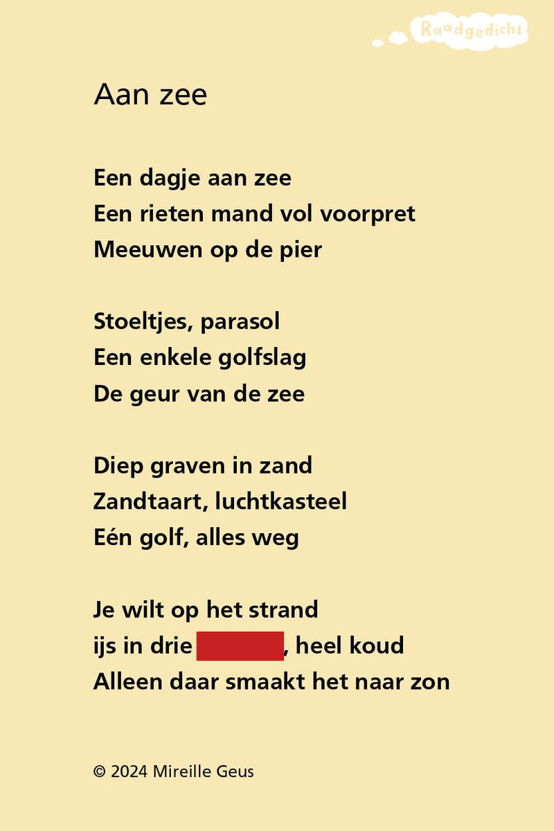 RAADGEDICHT! Week 5. Het raadgedicht 'Aan zee’ van Mireille Geus staat online. * Graag invullen op de WEBSITE RAADGEDICHT en niet hier! * Ga naar raadgedicht.nl/aan-zee-mireil… om mee te doen. Tot donderdag 16 uur kun je je oplossing insturen.