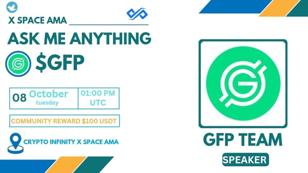 🔊We Are Pleased To Announce Our #X_Spaces with $GFP

🗓 Date: 8th October , 2024
⏰Time: 1:00 PM UTC

💰Rewards: $100 USDT
🏘Venue:x.com/i/spaces/1LyxB……

🔰Rules
1️⃣ Follow: x.com/CryptoinfinityT 
 &amp;
x.com/gfinancepay

2️⃣ Like, Retweet &amp; Send Your  Question