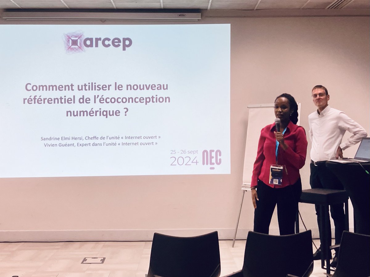 #NEC24 « Comment se saisir du référentiel de l’écoconception numérique ? ». <a href="/SandrineElmi/">Sandrine Elmi Hersi</a> &amp; <a href="/lafibreinfo/">Vivien GUEANT</a>, experts <a href="/Arcep/">Arcep</a> ont animé une masterclass sur l’utilisation du RGESN, pour en faciliter l’appropriation par tous. A quoi ça sert  ? Quel objectif ? arcep.fr/mes-demarches-…