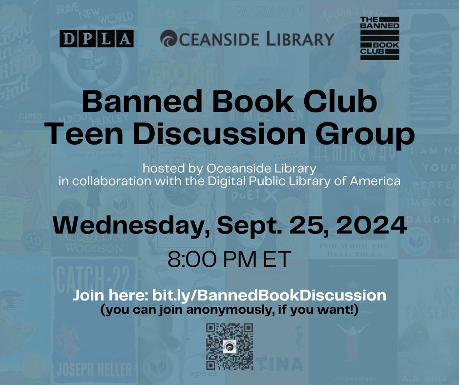 Join us TONIGHT at 8pm E.T.  for the Banned Book Club Discussion Group! Hosted in collaboration with Oceanside Library, this virtual discussion on #BannedBooks in America is a perfect way to celebrate #FreedomToRead during #BannedBooksWeek. 

Join here: bit.ly/BannedBooksDis…