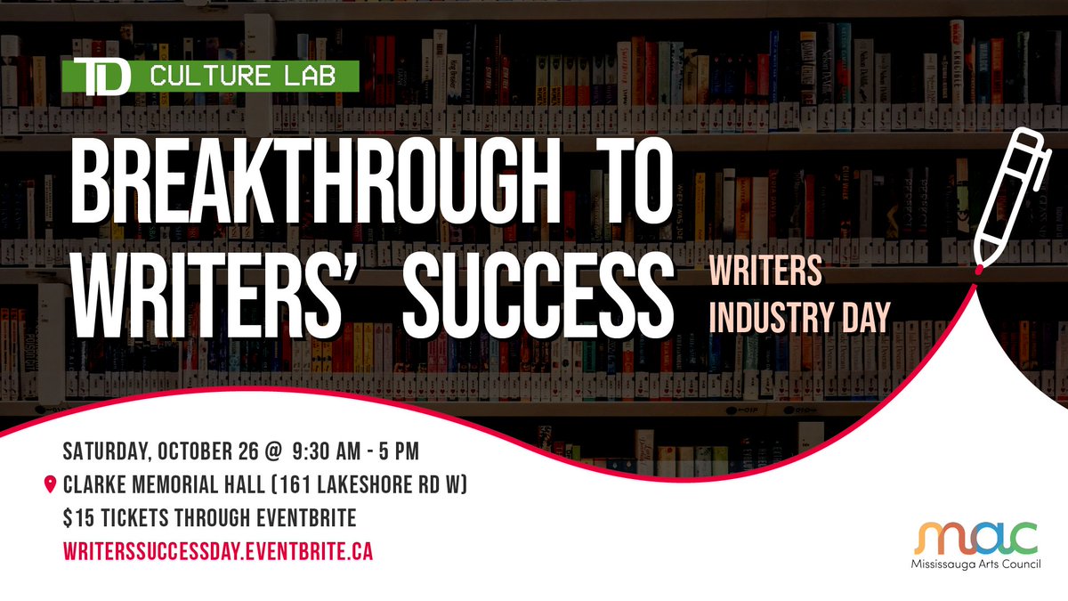 Calling authors, poets, and writers, elevate your craft at TD Culture Lab: Breakthrough to Writers' Success Day! ✍️

Join us on Sat, Oct 26, 9:30 AM - 5 PM at Clarke Memorial Hall for a full day of professional development for writers!

🔗 Tickets: writerssuccessday.eventbrite.ca