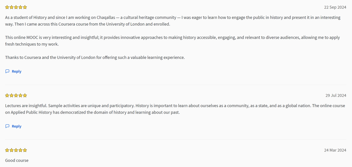 Checking in on some recent reviews on our @Coursera #MOOC (online course) 'Applied Public History: People, Places, Stories'. Proud to have a 4.8 star rating! Interested in #place-based #history, #PublicHistory and #engagement? This course is for you! coursera.org/learn/uol-publ…