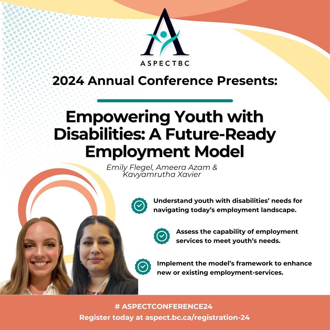 Join  @CanAssistUVic at #ASPECTconference24 for an interactive session exploring innovative strategies to support youth with disabilities in navigating today’s employment landscape. Head to our website to learn more about this session and register for the conference!