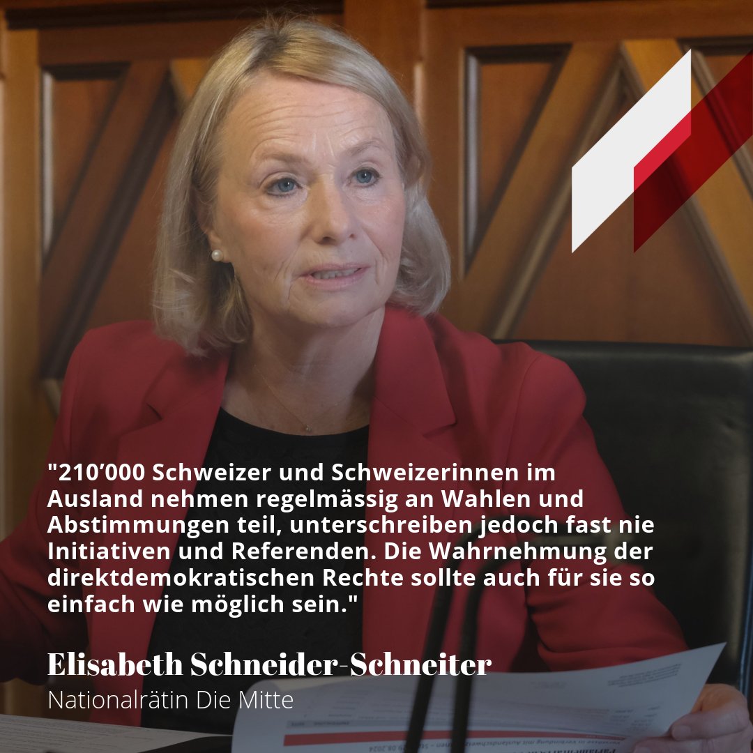 Politische Partizipation bedeutet auch die Möglichkeit, Volksbegehren zu lancieren. Mit einer Interpellation fragt <a href="/Elisabeth_S_S/">Elisabeth Schneider-Schneiter</a> den Bundesrat an, wie die Möglichkeiten zur politischen Partizipation für Auslandschweizer:innen 🇨🇭 verbessert werden können.
parlament.ch/de/ratsbetrieb…