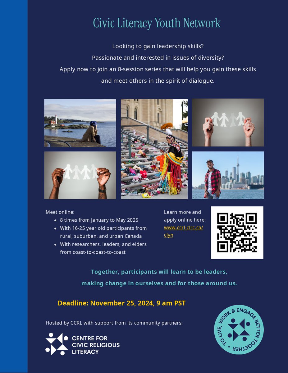 Invite #youth (16-25 y.o.) to join the Civic Literacy Youth Network (CLYN) this January 2025! Applications are open now.

English details: ccrl-clrc.ca/clyn

What is religious literacy? ccrl-clrc.ca/work/civic-rel…

#religiousliteracy #education #leadership #civic #Canada