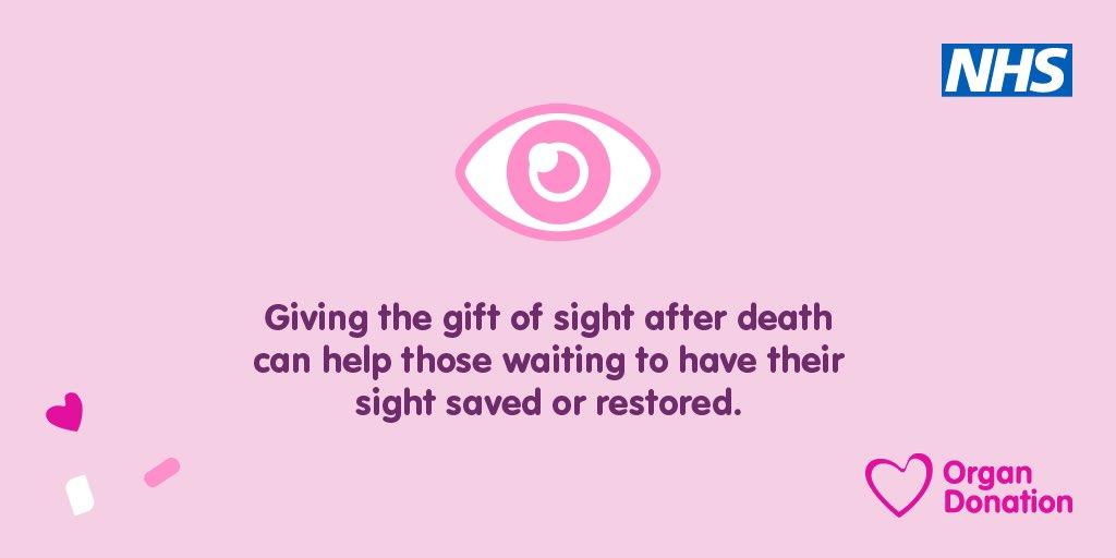 Did you know people with most types of cancer can still donate their corneas? It’s simple to register your decision organdonation.nhs.uk/register-your-… 

This Organ Donation Week share your decision with your loved ones 💕👁️👁️💕

#OrganDonationWeek #GiftOfSight
