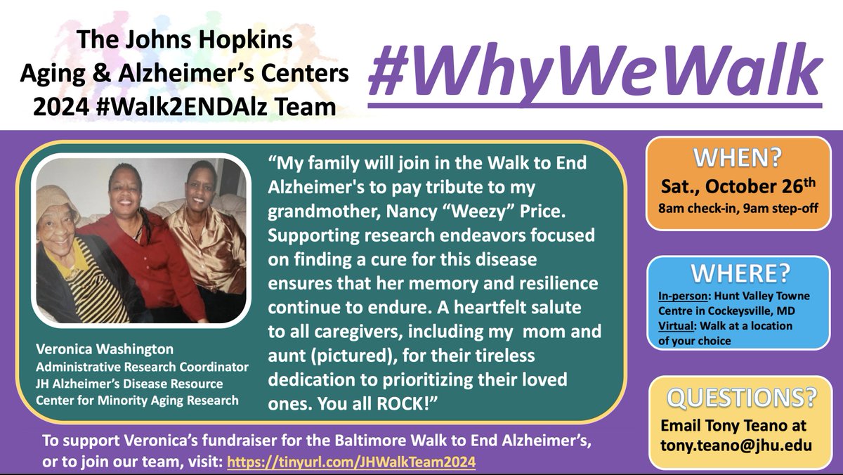 JohnsCenter's tweet image. Veronica Washington pays tribute to her beloved grandmother and the amazing caregivers (aunt &amp;amp; mom pictured)for their tireless dedication and support!

To join or show support for our team, visit: tinyurl.com/JHWalkTeam2024 #WhyWeWalk #Alzheimers #memory_Bee