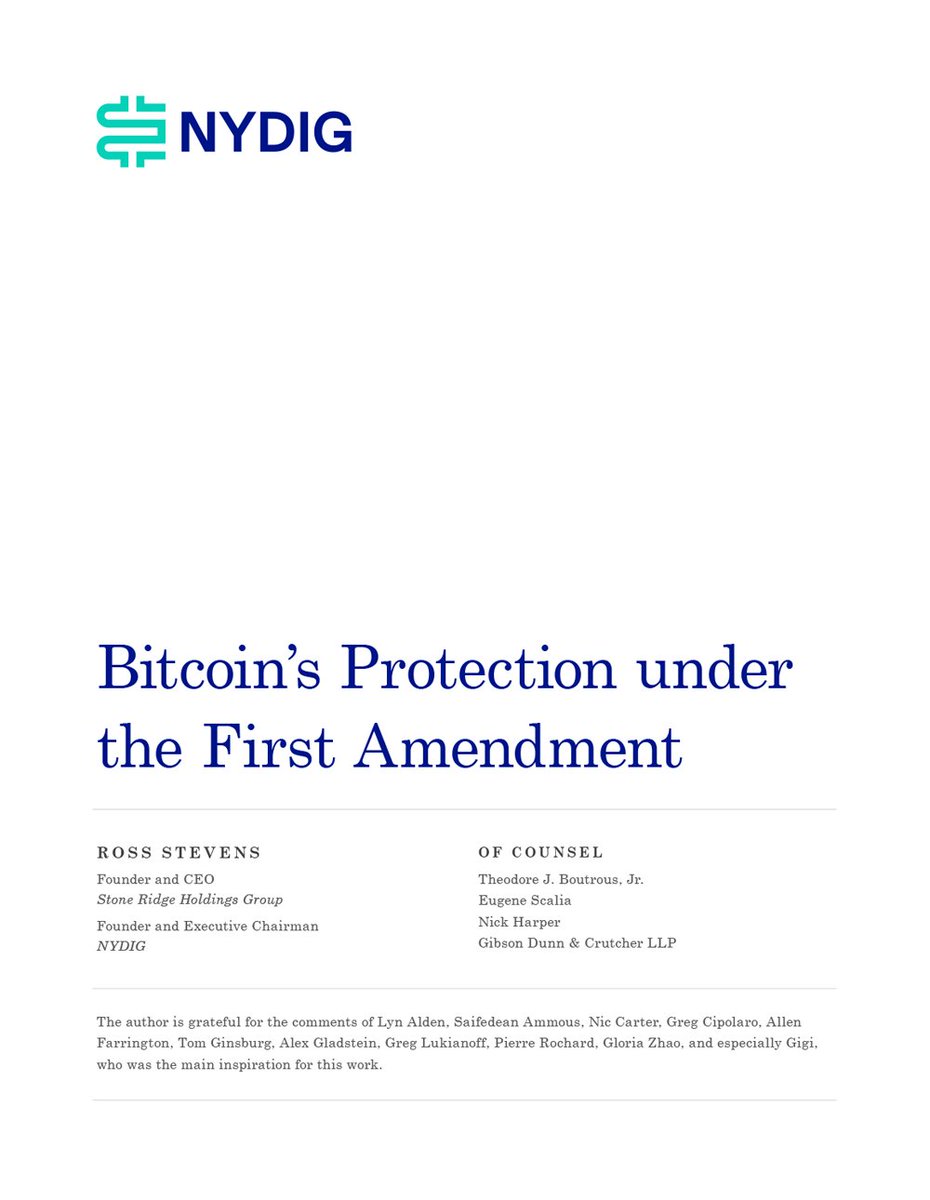 NYDIG (@nydig) on Twitter photo From Ross Stevens, Founder and Executive Chairman of NYDIG. nydig.com/research/bitco…
 
<a href="/Bitcoin/">Bitcoin</a> is speech and therefore protected by the First Amendment. Any regulations attempting to curtail bitcoin therefore have clear constitutional implications. From Ross Stevens, Founder and Executive Chairman of NYDIG. nydig.com/research/bitco…
 
<a href="/Bitcoin/">Bitcoin</a> is speech and therefore protected by the First Amendment. Any regulations attempting to curtail bitcoin therefore have clear constitutional implications.