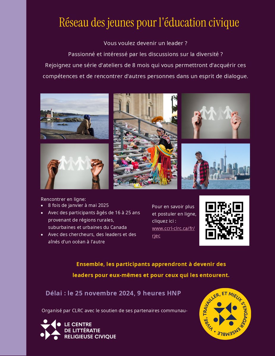 Invitez les #jeunes et les jeunes adultes (16-25 ans) à rejoindre Réseau des jeunes pour l’éducation civique (RJEC) en janvier 2025 ! Les candidatures sont ouvertes dès maintenant.

Détails en français : ccrl-clrc.ca/fr/rjec

#education #leadership #Canada #civique #leader