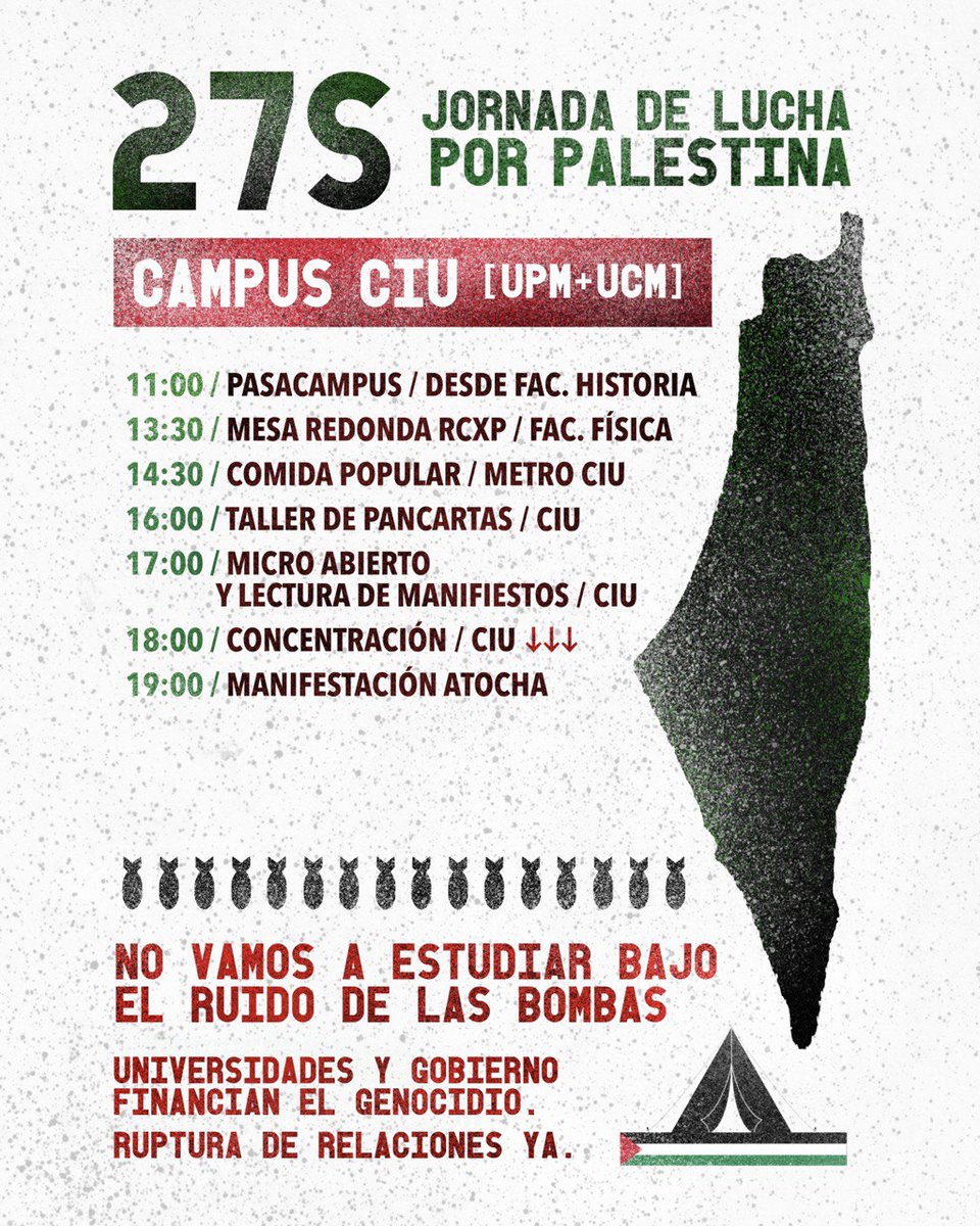 acampadamad's tweet photo. No vamos a estudiar bajo el ruido de las bombas ✊🏾🇵🇸

Este viernes 27S organiza la Jornada de Lucha con nosotras en tu campus para exigir a las universidades y a los gobiernos la ruptura inmediata de relaciones https://t.co/omtGfDyeBC