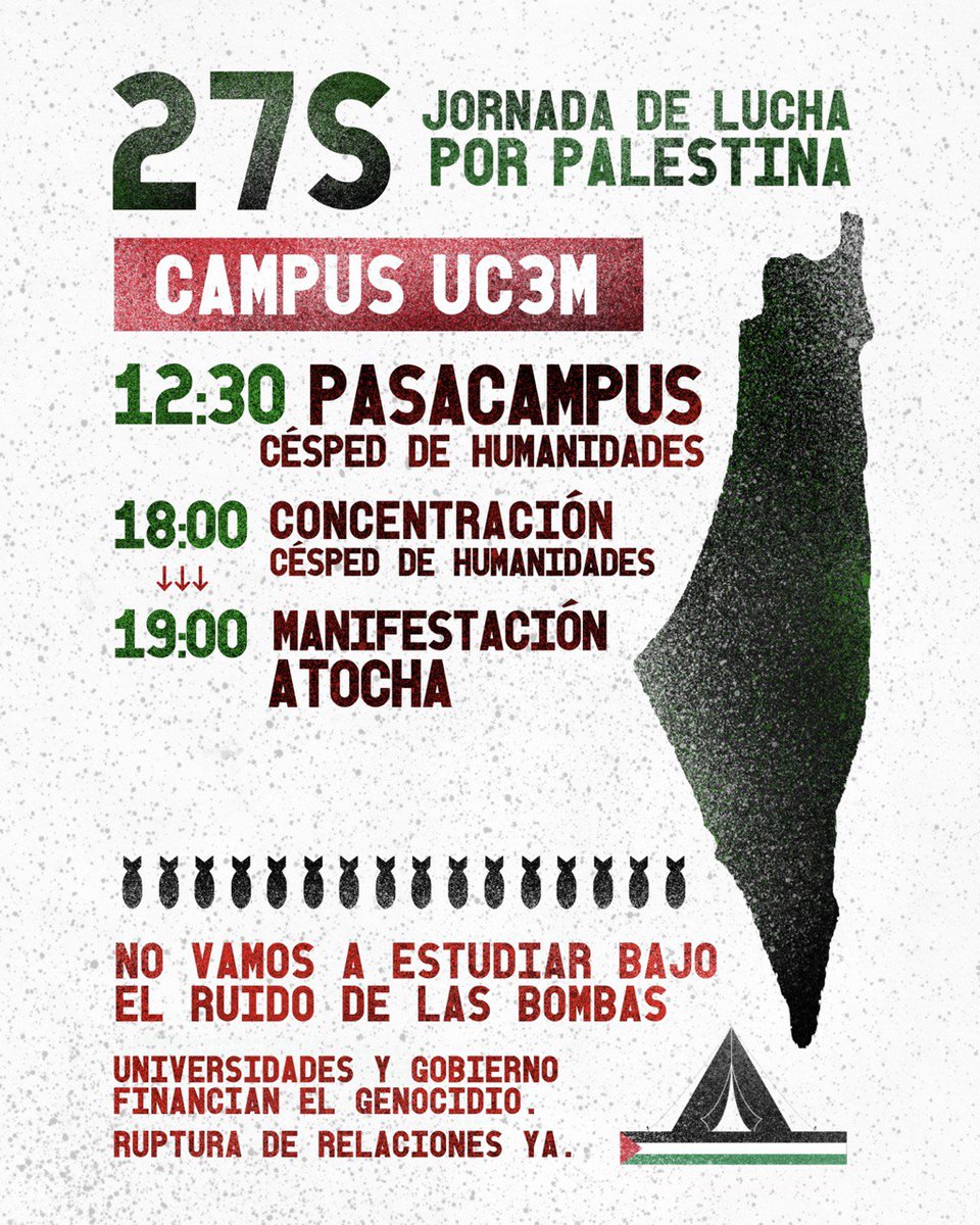 acampadamad's tweet photo. No vamos a estudiar bajo el ruido de las bombas ✊🏾🇵🇸

Este viernes 27S organiza la Jornada de Lucha con nosotras en tu campus para exigir a las universidades y a los gobiernos la ruptura inmediata de relaciones https://t.co/omtGfDyeBC