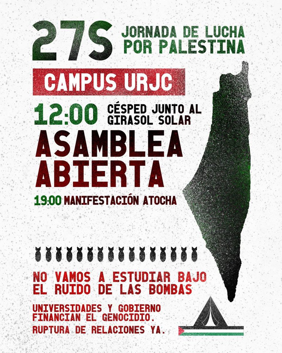 No vamos a estudiar bajo el ruido de las bombas ✊🏾🇵🇸

Este viernes 27S organiza la Jornada de Lucha con nosotras en tu campus para exigir a las universidades y a los gobiernos la ruptura inmediata de relaciones