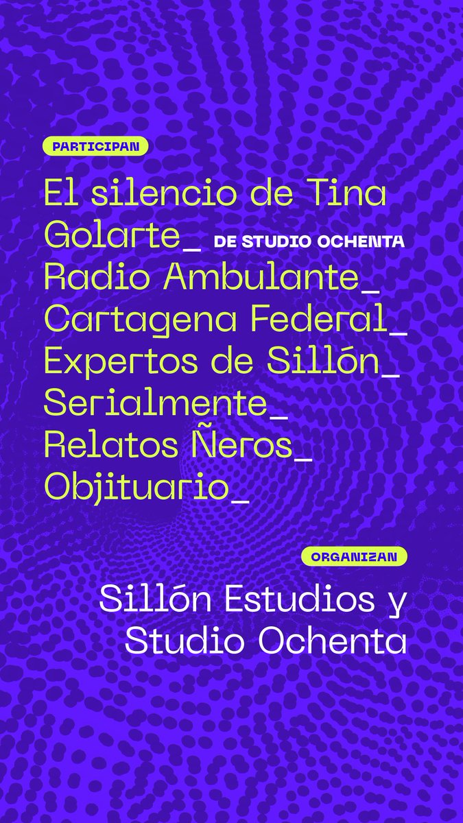 <a href="/OchentaPodcasts/">Studio Ochenta</a> <a href="/Sillon_Estudios/">Sillón Estudios</a> <a href="/CTGFederal/">Cartagena Federal</a> <a href="/ExpertoSillon/">Expertos de Sillón</a> <a href="/radioambulante/">Radio Ambulante</a> @serialmente Relatos Ñeros <a href="/objituario/">Objituario</a>  y todos los que se quieran sumar.
