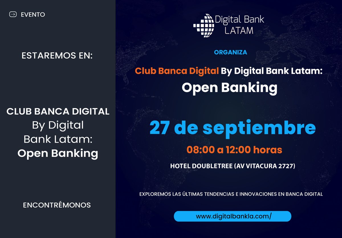 LandscapeCL's tweet photo. Este viernes 27 de septiembre, acompáñanos en el evento Club Banca Digital By Digital Bank Latam: Open Banking. De 8 a.m. a 12 p.m en el hotel DoubleTree (Av Vitacura 2727)

¡Te esperamos!

Conoce más detalles en: https://t.co/B38tkTJnzg

#DigitalBankLatam https://t.co/wmhCdRzf2y