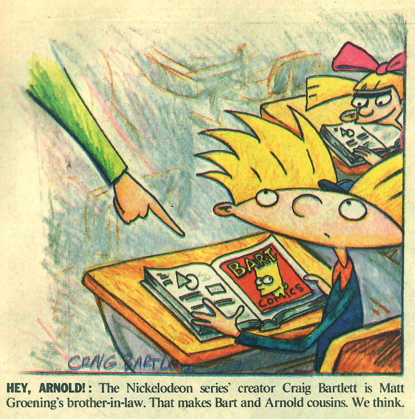 Tribute drawings of the Rugrats and Hey Arnold! cast to celebrate "The Simpsons" reaching 167 episodes, from The Los Angeles Times. Drawn by Raymie Muzquiz &amp; Craig Bartlett respectively. [1997]