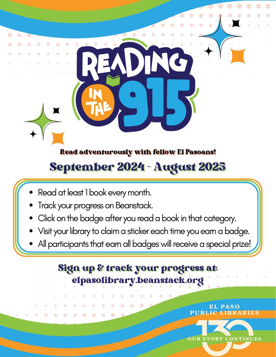 elpasolibrary's tweet photo. A new year-round reading challenge has launched! Read adventurously with fellow El Pasoans at https://t.co/kPqFnhc8Ys #ReadingInThe915 #ReadElPasoRead #IAmElPaso https://t.co/4UwTIeO81t