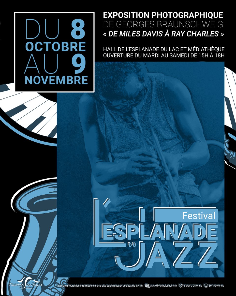 villededivonne's tweet photo. #Exposition Plongez dans l'univers du jazz à travers l'objectif du photographe Georges Braunschweig à l'occasion de l'exposition L'Esplanade du jazz - De Miles Davis à Ray Charles, du 8 octobre au 9 novembre, à l'Esplanade du Lac. Plus d'infos : https://t.co/Qhw3PqKzCy https://t.co/BVJPUMZySf