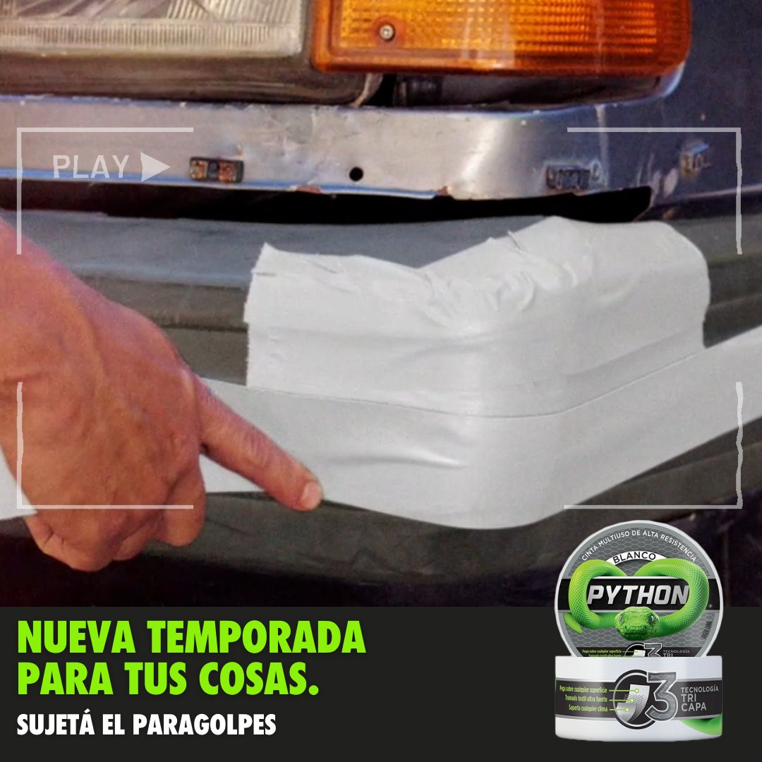 cintaspythonar's tweet image. La nueva temporada del paragolpes del auto está en marcha. Reforzá, emparchá o sujetá con cintas de alta resistencia #Python🐍.
#SumateALaResistencia