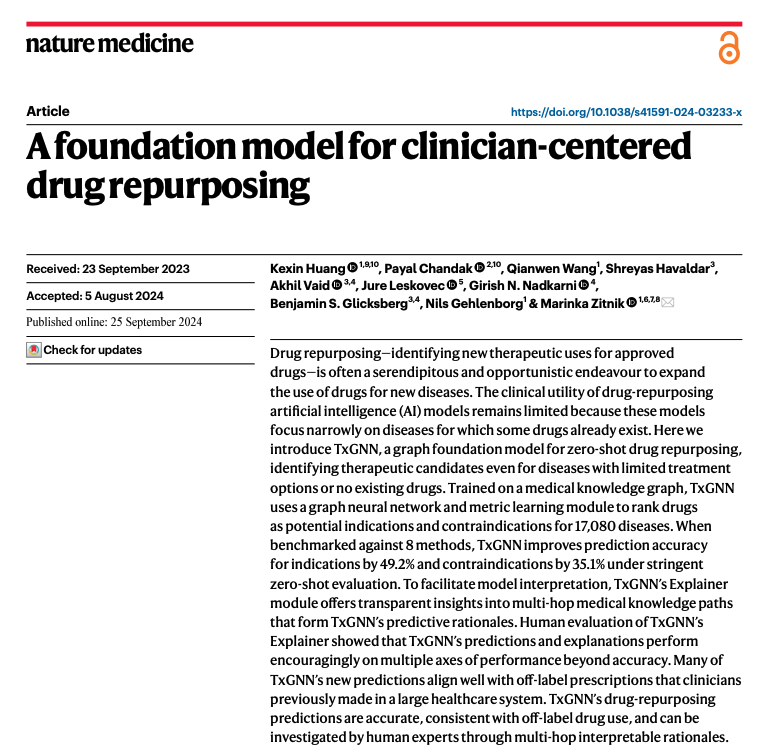 Kexin Huang (@kexinhuang5) on Twitter photo 📢 Super excited to share our new study <a href="/NatureMedicine/">Nature Medicine</a> on developing and validating an explainable graph-based foundation model for drug repurposing, designed specially for rare diseases, which collectively affect 300 million patients globally!
🧵1/10 📢 Super excited to share our new study <a href="/NatureMedicine/">Nature Medicine</a> on developing and validating an explainable graph-based foundation model for drug repurposing, designed specially for rare diseases, which collectively affect 300 million patients globally!
🧵1/10