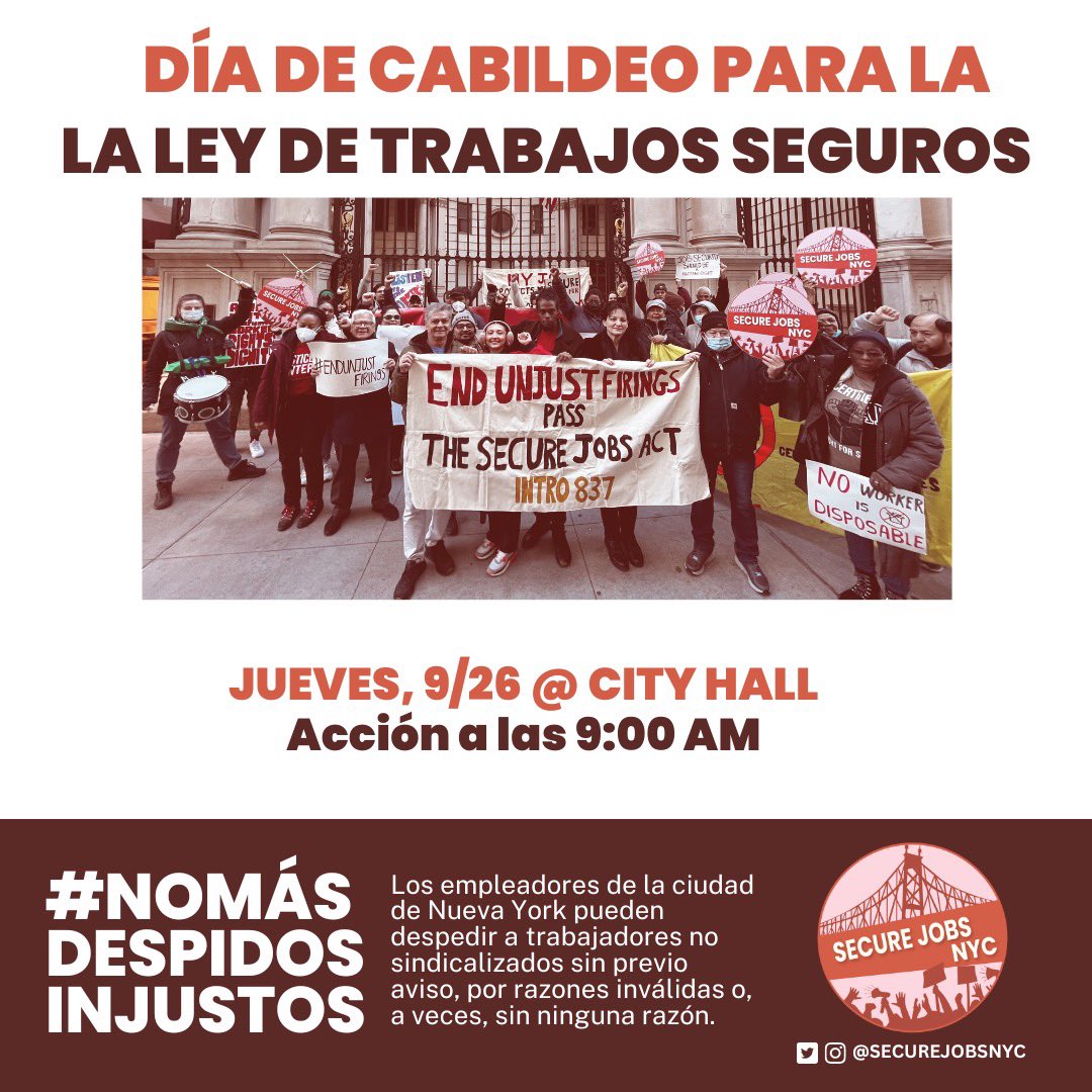 TOMORROW: ✊🏽 Join <a href="/SecureJobsNYC/">Secure Jobs NYC #EndUnjustFirings</a> for Advocacy Day for Intro 0909: the Secure Jobs Act! Let’s make our message clear to <a href="/NYCCouncil/">New York City Council</a>!

📆 Sept 26
⏰ 9:00AM
📍City Hall Steps