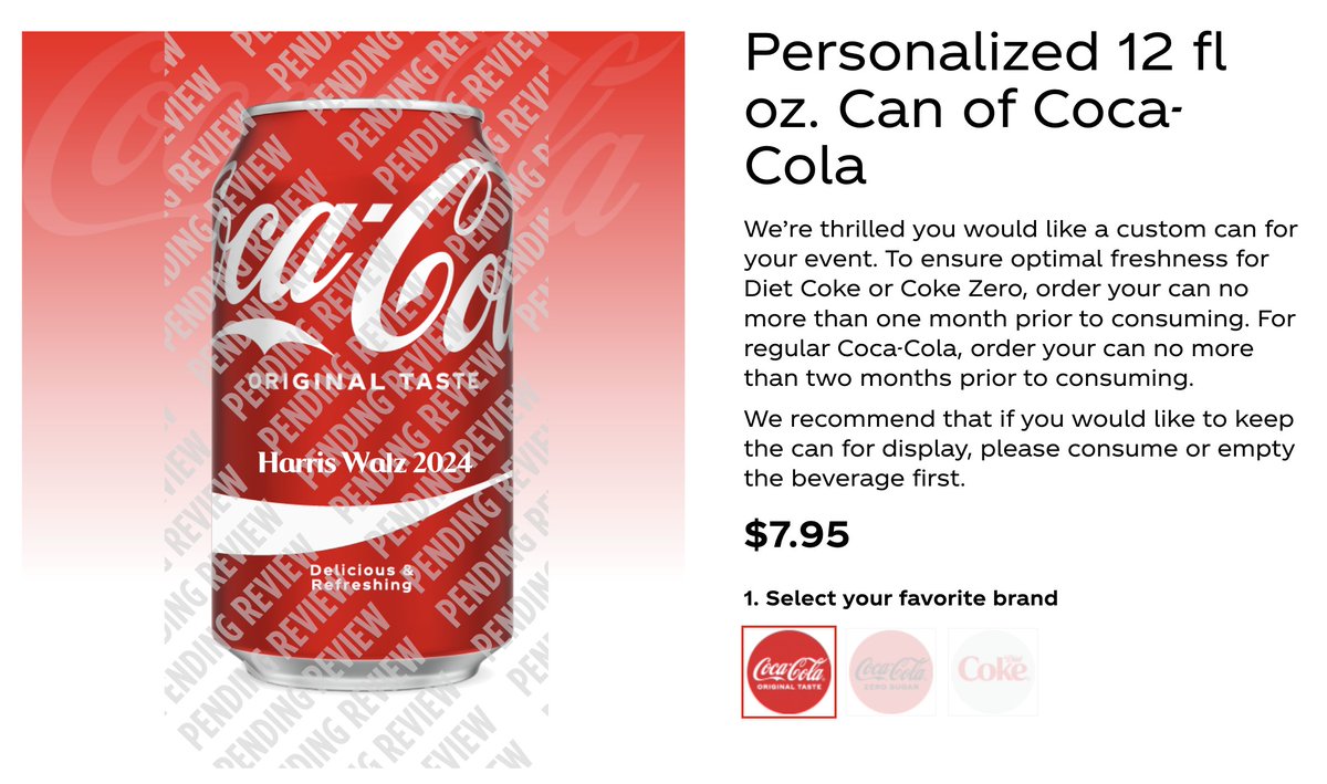 libsoftiktok's tweet image. .@CocaCola's custom can website allows you to use "Harris Walz 2024" but restricts you from using "Trump 2024" because it's "political in nature" or "offensive."

Care to explain @CocaCola?
