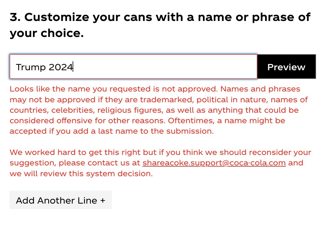 libsoftiktok's tweet image. .@CocaCola's custom can website allows you to use "Harris Walz 2024" but restricts you from using "Trump 2024" because it's "political in nature" or "offensive."

Care to explain @CocaCola?