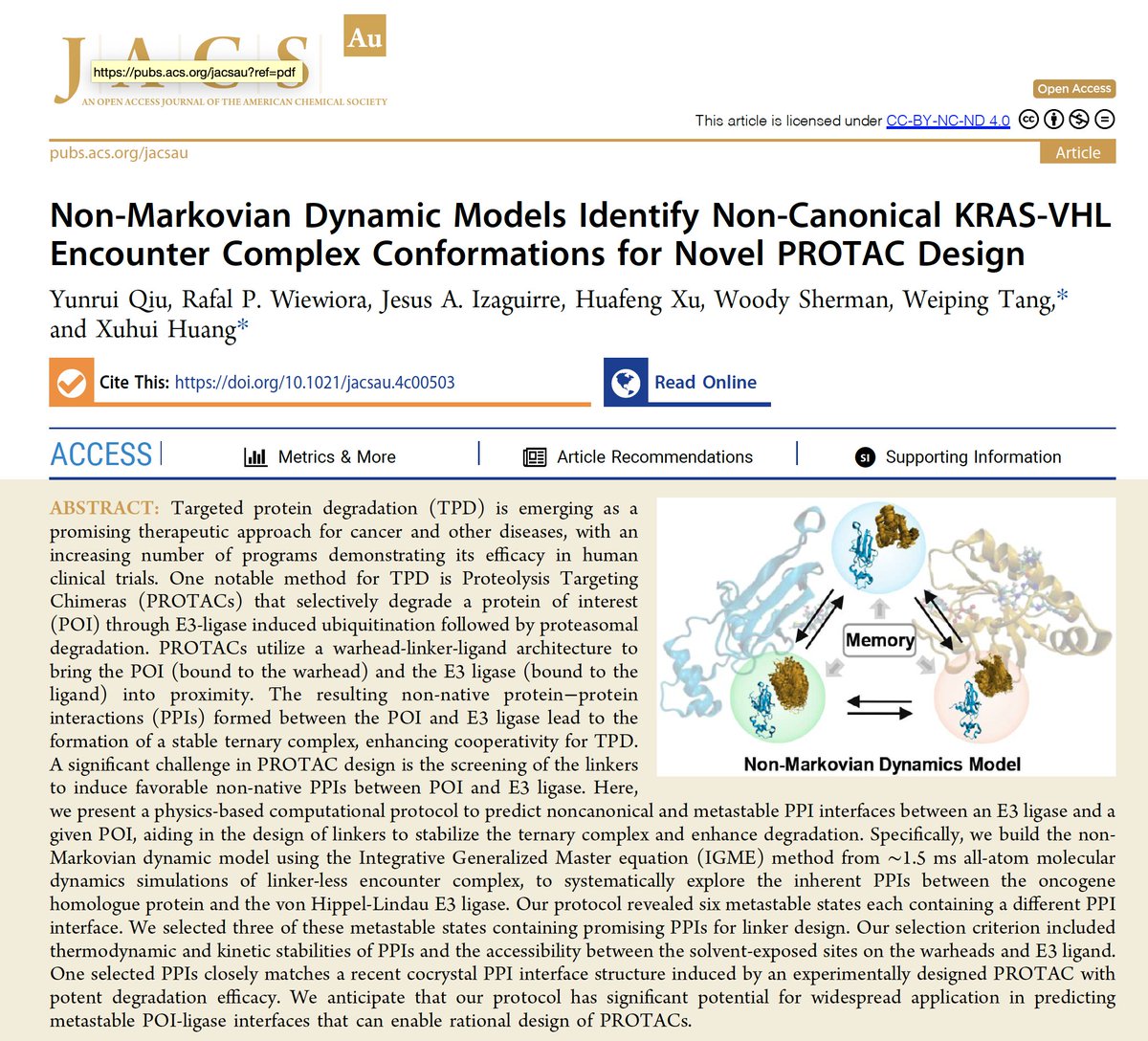 Xuhui Huang (@xuhuihuangchem) on Twitter photo Our work on PROTAC has just been published in <a href="/JACS_Au/">JACS Au</a>! Congratulations to all the authors, especially <a href="/YunruiQ/">Yunrui Qiu</a> for driving this project!  
We use non-Markovian dynamic models to predict PPIs between KRAS & VHL for novel PROTAC design.
pubs.acs.org/doi/10.1021/ja… Our work on PROTAC has just been published in <a href="/JACS_Au/">JACS Au</a>! Congratulations to all the authors, especially <a href="/YunruiQ/">Yunrui Qiu</a> for driving this project!  
We use non-Markovian dynamic models to predict PPIs between KRAS & VHL for novel PROTAC design.
pubs.acs.org/doi/10.1021/ja…